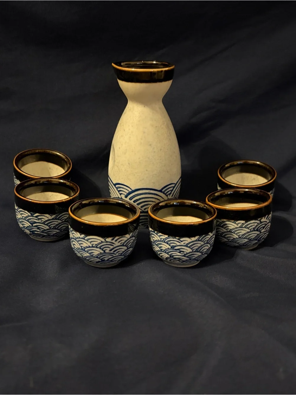 Japanese Style 7 pc Ceramic Sake Set w/Cobalt Blue Waves and Dark Trim NWOT